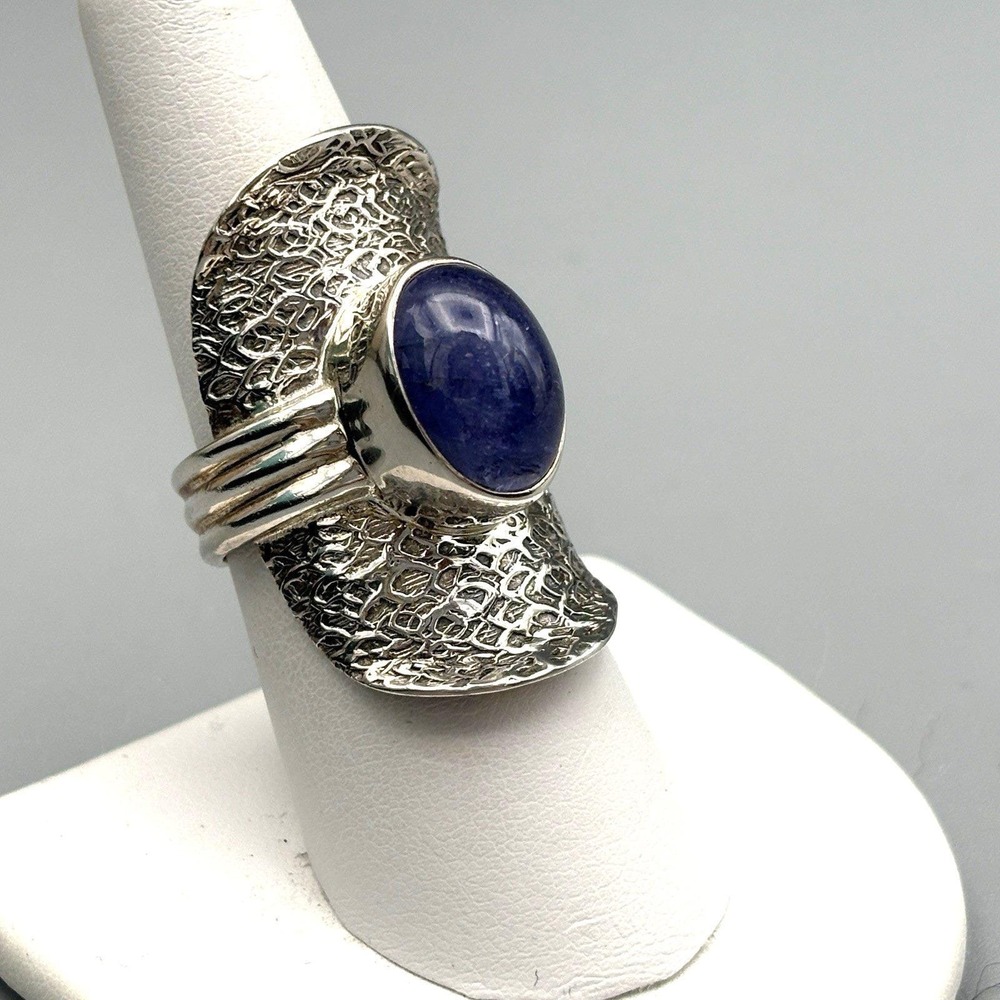 Sterling Silver Designer Modernist Ring Iolite Purple Blue Cabochon Statement 8
